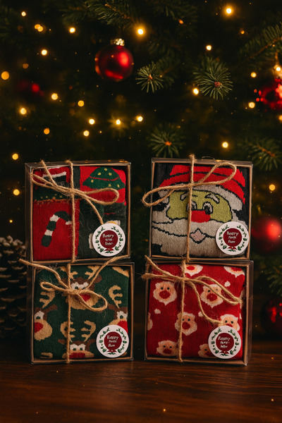 MEKİK BUTİK 4 box set of christmas gift socks -unisex- 4 box set of new year socks- christmas gift