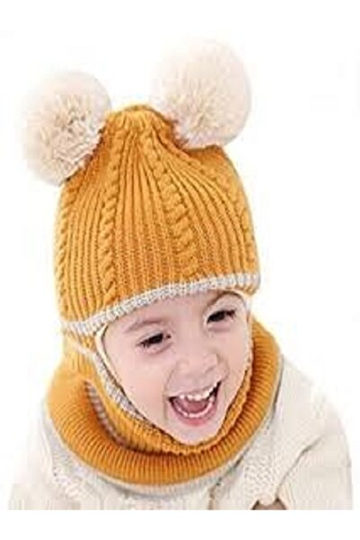 Generic Children's winter hat, lined with fleece, small size, with double pom-pom ears, knitted for winter, for boys