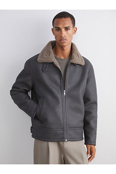 LC Waikiki Lcw Vision Standard Mold Fur Collar Men's Leather-Look Coat