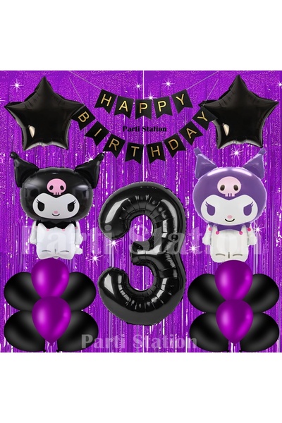 Parti Station Kuromi Concept 3Rd Birthday Balloon Set with Purple Curtain and...