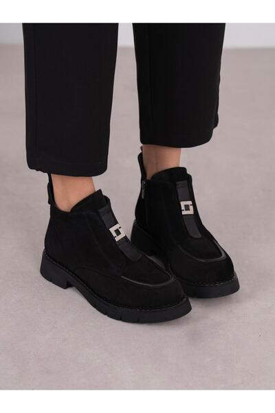 ECENİN BUTİĞİ Clev Siyah Süet Hakiki Deri Kadın Bot