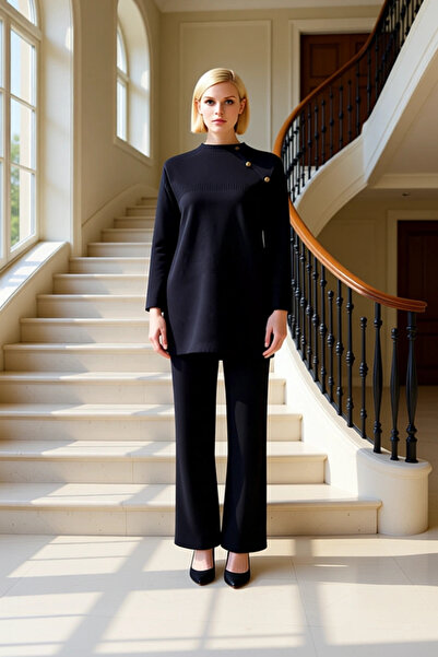 BENERLY Γυναικείο σετ με μακρυμάνικο πλεκτό πουλόβερ με λεπτομέρεια στον γιακ...