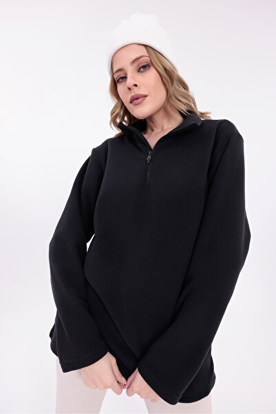 Firststops Hanorac negru pentru femei, cu jumătate de fermoar, din lână