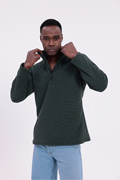 freemen Men's Khaki Fit Mock Neck Half Zipper Sweatshirt Fleece