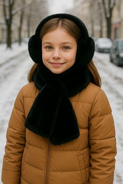 BALIENTE Siyah Yumuşak Dokulu Peluş Kız Çocuk Kulaklık ve Boyunluk 2’li Set