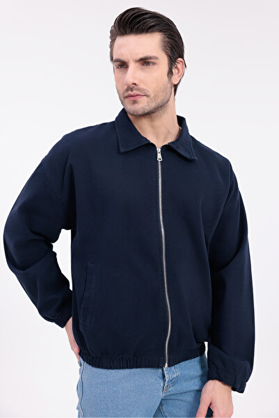 Firststops Men's Navy Blue Gabardine Fabric Zippered Oversized Transitional Jacket