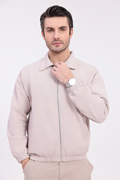 Firststops Men's Beige Gabardine Fabric Zippered Oversized Transitional Jacket