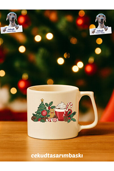 cekud tasarım baskı Beyaz Kulp Yılbaşı Temalı Seramik Kupa – Özel Tasarım Hed...