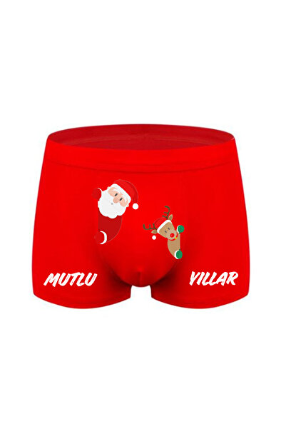 HediyeMania Noel Baba Mutlu Yıllar Baskılı Yılbaşı Hediyesi Espirili Kırmızı Erkek Boxer Pamuklu