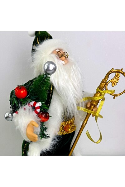 velve Santa Claus decoration, with fir tree and golden staff, 35 cm, Green