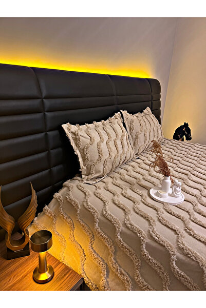 PEREN HOME Premium Kalite Püsküllü Çift Kişilik Yatak Örtüsü 250x250 2 Yastık Kılıfı Bej