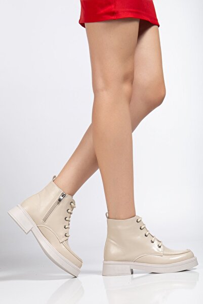 Zerenyus Zri̇n-2001 Premium Beige Wrinkled Patent Leather Lace-Up Zippered Winter Women's Boots