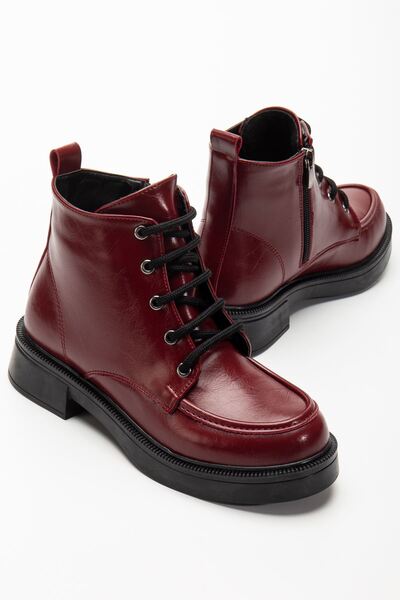 Zerenyus Zri̇n-2001 Burgundy Wrinkled Patent Leather Lace-Up Zippered Winter Women's Boots
