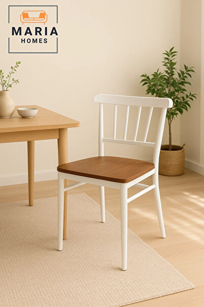 MARIA HOMES Modern Dining Chair – White Frame with Wooden Seat for Kitchen & Dining Room
