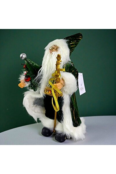 velve Santa Claus decoration, with fir tree and golden staff, 35 cm, Green
