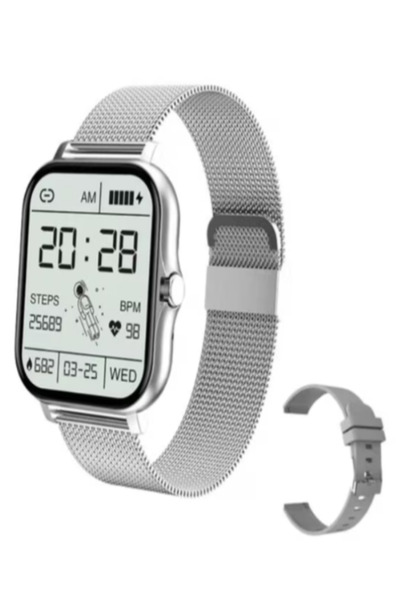 OEM Sports smartwatch, 2 straps included (stainless steel + silicone), heart rate monitoring, notifications, Silver