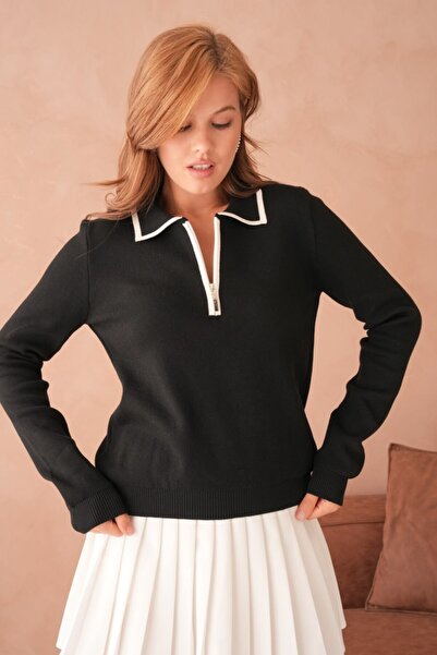 mysimy سترة بياقة بولو وسحاب من خيوط فاخرة / خيوط خاصة