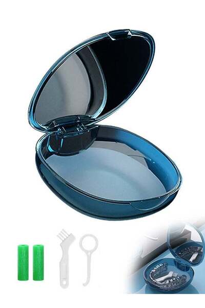 Generic Retainer Storage Box with Leash, Removal Tool, Cleaning Brush, Built-in Mirror (Blue)