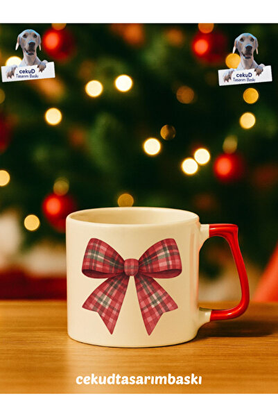 cekud tasarım baskı Kırmızı Kulp İçi Beyaz Yılbaşı Temalı Seramik Kupa – Özel...