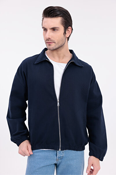 Firststops Men's Navy Blue Gabardine Fabric Zippered Oversized Transitional Jacket