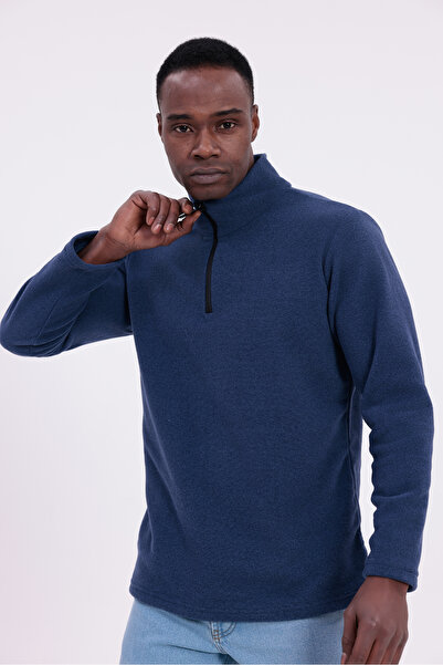 freemen Men's Navy Blue Fit Mock Neck Half Zipper Sweatshirt Fleece