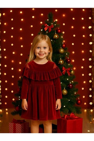 Zekids Girl's Off-The-Shoulder Layered Ruffle Red Velvet Dress