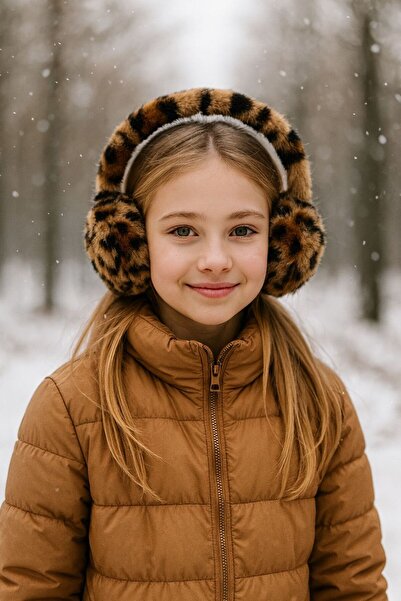 FELLMENS Căști pentru fete din pluș cu textura moale, leopard maro, 8-14 ani