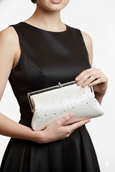 mossi Women's White Metal Framed Stone Detailed Chain Evening Dress Clutch Bag