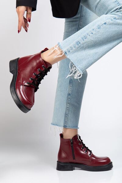 Zerenyus Zri̇n-2001 Burgundy Wrinkled Patent Leather Lace-Up Zippered Winter Women's Boots