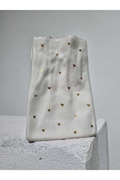 ÖZLEMKAYMAZ SERAMİK GOLD ALTIN KALP DEKORLU KESE KAĞIDI VAZO 15X8.5 CM