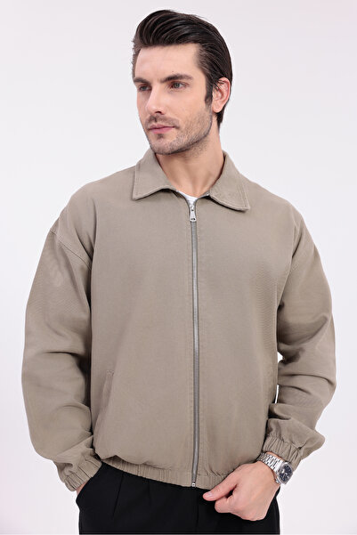 Firststops Men's Khaki Gabardine Fabric Zippered Oversized Transitional Jacket