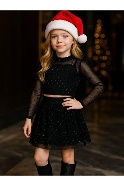 Zekids Girl's Stone Embroidered Tulle Blouse and Skirt Set