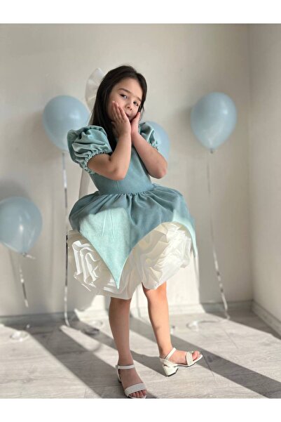 Sare Çocuk Giyim Turquoise Velvet Skirt with White Rose Motif Special Design Girl's Evening Dress Birthday Princess Dress +Buckle