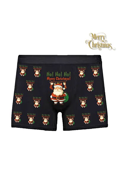 HediyeMania Yılbaşına Özel Noel Baba Baskılı Espirili Siyah Erkek Boxer Pamuklu