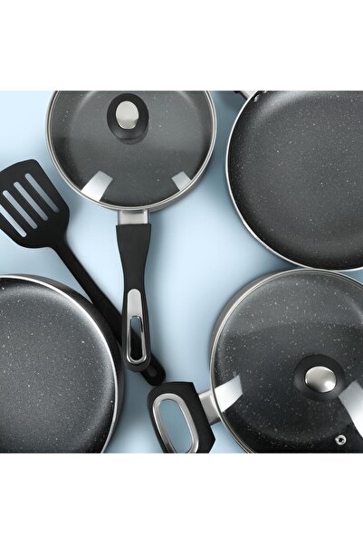 İMPEX NCB 7108 8pcs Granite Nonstick Cookware Set 5-Layer Virgin Aluminium with Lids Frypan Turner