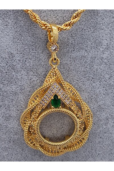 NETİCE ÖYLEK Altın Kaplama Yeşil Taşlı Sonsuzluk Çeyrek Çerçeve Kolye