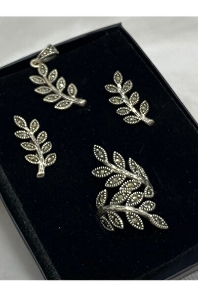 Firuze Gümüş Yaprak Tasarımlı Gümüş Kadın Set