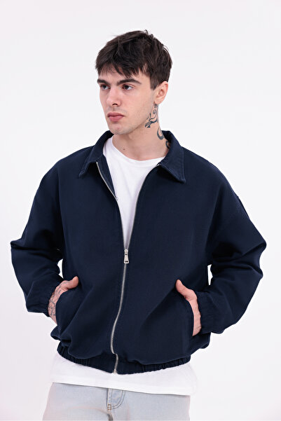 Montland Men's Navy Blue Gabardine Fabric Zippered Oversized Elastic Waist Transitional Jacket