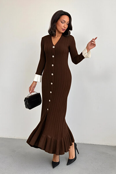 Lusin Γυναικείο καφέ κομψό φόρεμα μακρύ πλεκτό με κουμπιά στο μανίκι