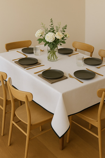 Mirilliahome Piped White Raw Linen Tablecloth - 4, 6 Seater and Square Table Options Available