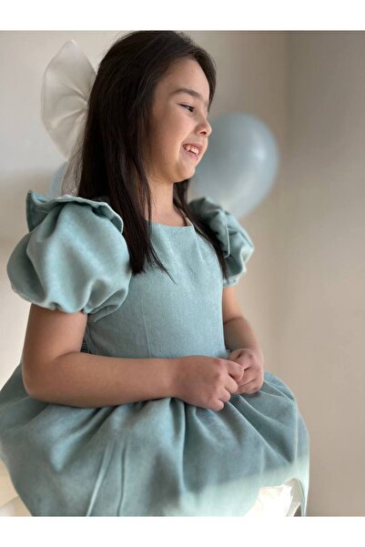 Sare Çocuk Giyim Turquoise Velvet Skirt with White Rose Motif Special Design Girl's Evening Dress Birthday Princess Dress +Buckle