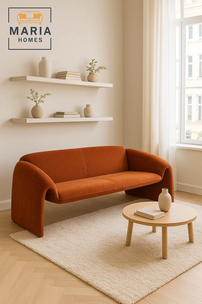 MARIA HOMES Modern Orange Sofa – Curved Fabric 3-Seater for Living Room & Lounge Spaces