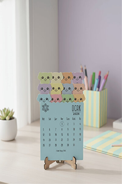 Ayza Tasarım 2026 Ahşap Ayaklı Sevimli Köpekler Dekoratif Masa Takvimi | Özgün Tasarım Hediyelik