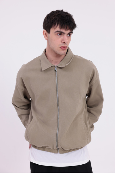 Montland Men's Khaki Gabardine Fabric Zippered Oversized Elastic Waist Transitional Jacket