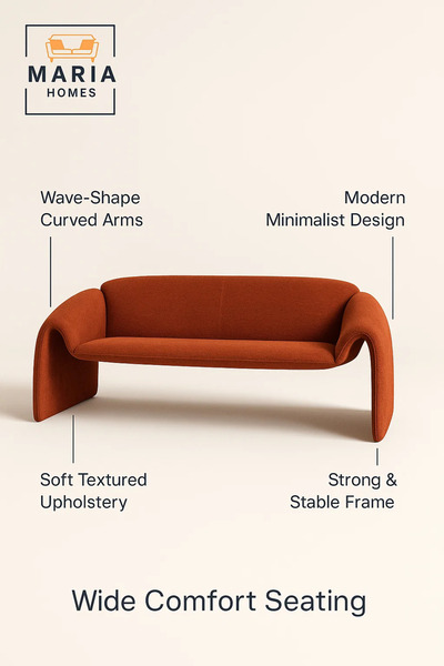 MARIA HOMES Modern Orange Sofa – Curved Fabric 3-Seater for Living Room & Lounge Spaces