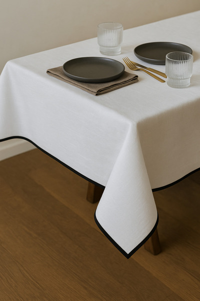 Mirilliahome Piped White Raw Linen Tablecloth - 4, 6 Seater and Square Table Options Available