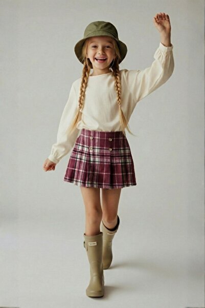 ESİLA KİDS Kız Çocuk Etek Ekoseli Şort Etek 4-14 Yaş