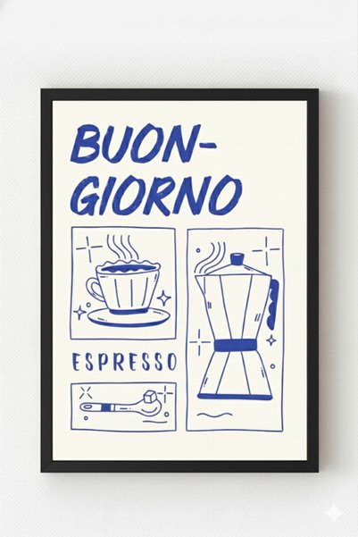 MIOVI Siyah Ahşap Çerçeveli “Buongiorno Espresso” Poster – İtalya Esintili Mi...