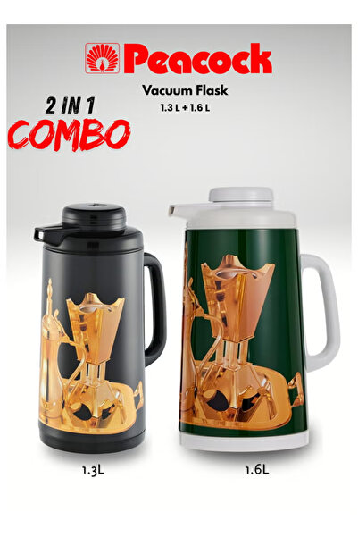 Peacock 2-in-1 Vacuum Flask Combo – 1.3 L + 1.6 L – Arabic Style Thermos Set with Dallah Design