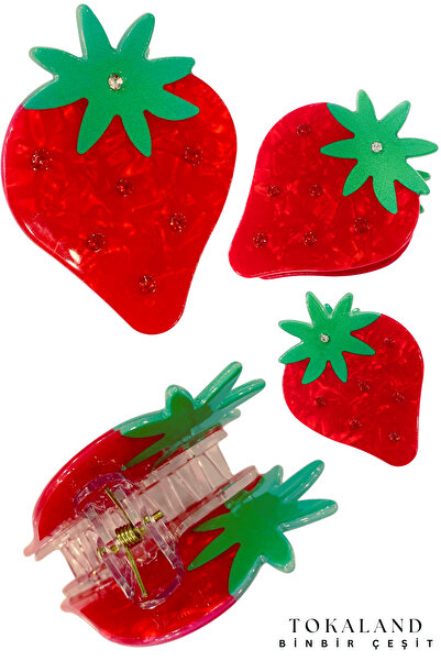 TOKALAND Çilek Mandal Toka, Çilek Saç Tokası, Kıskaçlı Toka, 7 Cm / 5 Cm / 21...
